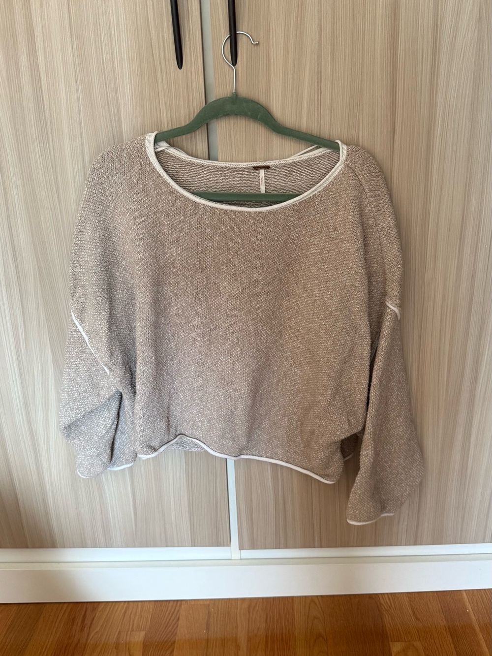 Free People Cream and Tan Cropped Crewneck Sweater with White Trim